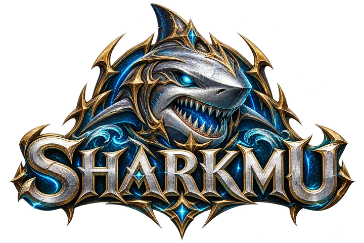 SharkMU — emblema de tubarão em prata, azul e dourado